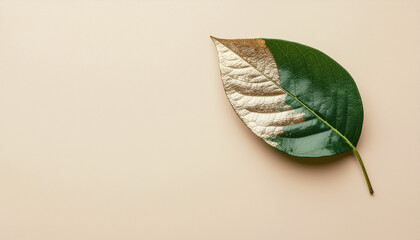 A single elegant green leaf with a thin layer of metallic gold naturally covering © benjawan