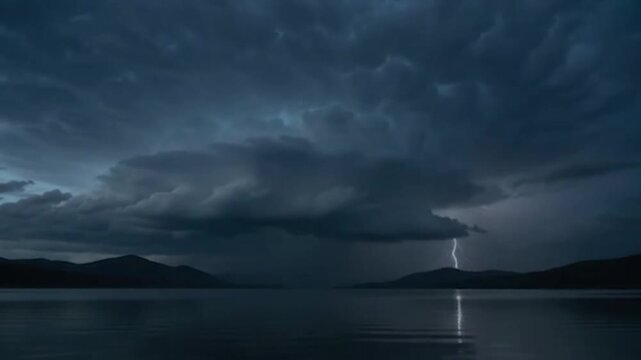 Storm Clouds with Lightning Strikes Reflecting on a Dark Lake