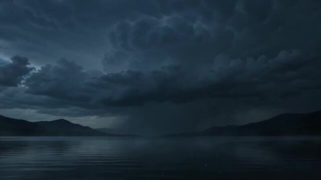 Storm Clouds with Lightning Strikes Reflecting on a Dark Lake