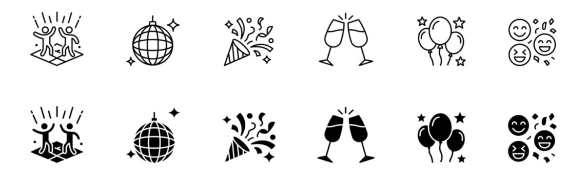 Party celebration and night club event vector line and filled icon set for festival entertainment.