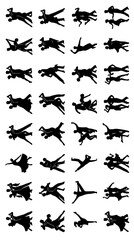 Fototapeta premium Dancers set with dynamic poses featuring silhouette figures, movement, balance, and grace with black and white design