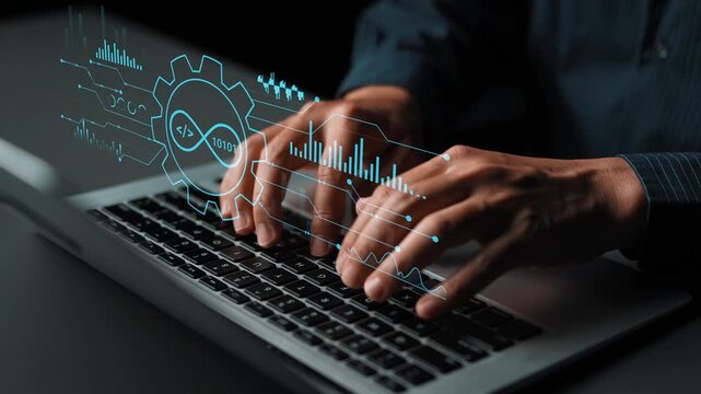 Hands Typing on Laptop with Futuristic Digital Interface and Code Graphics, Symbolizing Technology, Innovation, and Software Development Concept. Entropy.