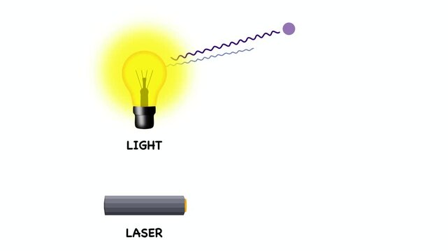 Animation of Physics diagram comparing properties of visible beam types from bulb versus focused radiation device Educational illustration demonstrates wavelength emission for school science seminar	
