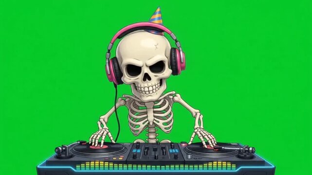 Skeleton DJ Dancing with Headphones Green Screen #00FF00 4K