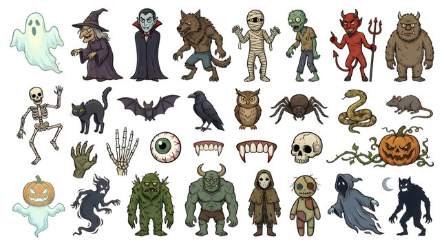 Collection of various hand drawn halloween monsters and spooky creatures isolated on transparent background