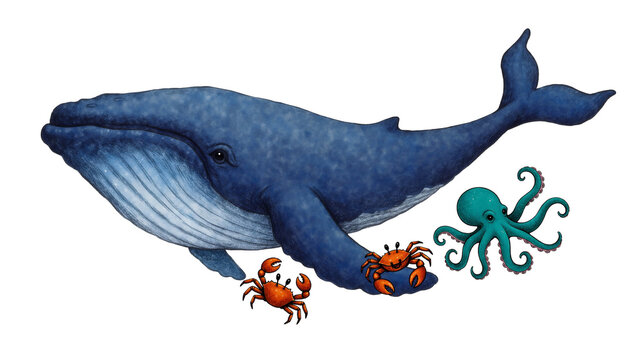 Large blue whale swimming with small orange crabs and a teal octopus, isolated on transparent background