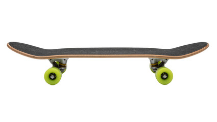 Black grip tape skateboard with neon green wheels, isolated on transparent background © iPNGi