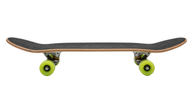 Black grip tape skateboard with neon green wheels, isolated on transparent background