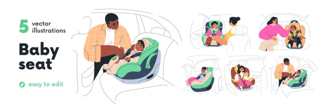 Kids in baby car seats for safety, security in road travel set. Little children, toddlers sitting in auto chairs with protection belts. Flat graphic vector illustrations isolated on white background