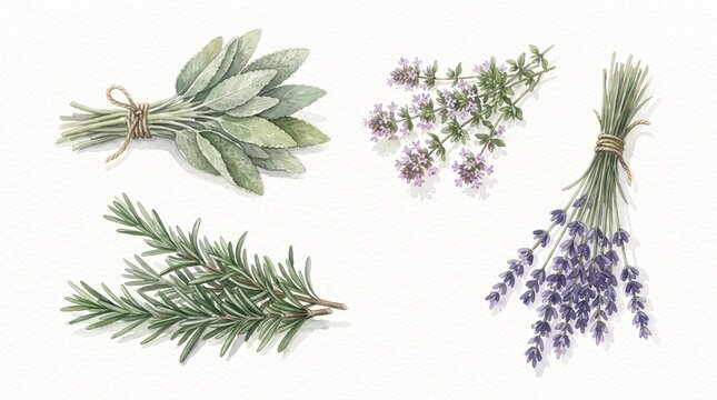 Watercolor illustration of fresh herb bundles including sage rosemary thyme and lavender on white background