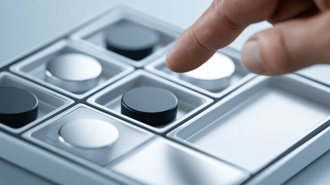 A close-up shot of a finger pressing a button on a grid of buttons. The buttons are in a white grid with alternating black and silver circles