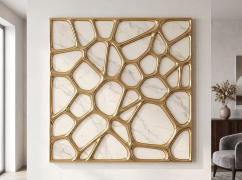Elegant 3D decorative panel combining polished gold framing, creamy marble, and organic geometric Voronoi patterns.