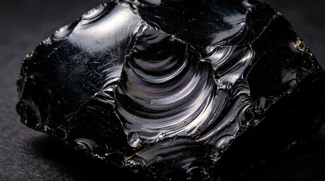 Black Obsidian Volcanic Glass Texture with Mirror Reflections and Conchoidal Fractures