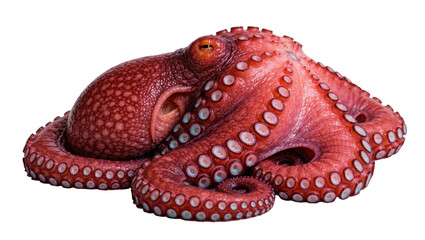 Large red octopus with visible suckers, isolated on transparent background © iPNGi