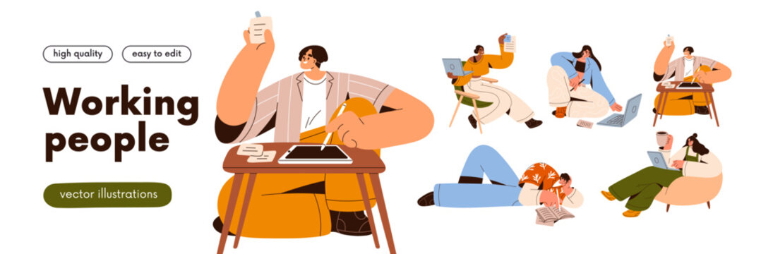 Creative people working set. Men and women think, do freelance work from home. Freelancers, remote workers with laptop computers or paper notes. Flat vector illustrations isolated on white background