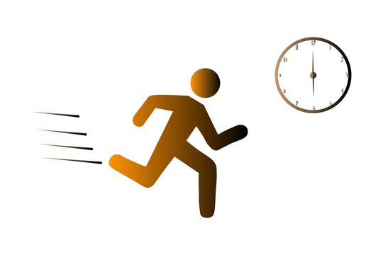 Running silhouette person with clock icon isolated on white background