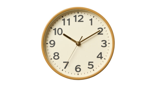 Minimalist round wall clock with wooden frame and cream dial, isolated on transparent background
