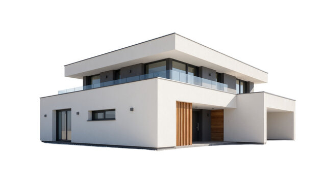 Modern white stucco house with wooden entrance and glass balcony, isolated on transparent background