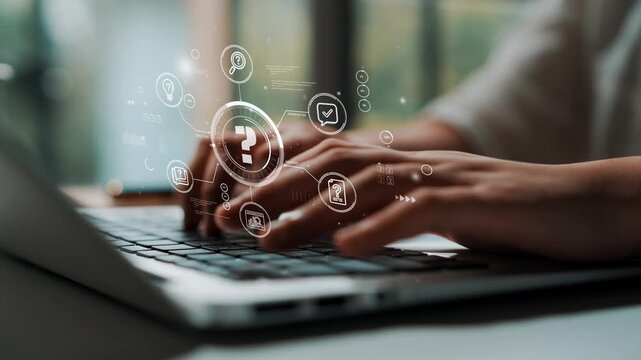 Hands Typing on Laptop with Digital Icons and Symbols Representing Technology, Communication, and Information Management in Modern Workspace. Entropy.