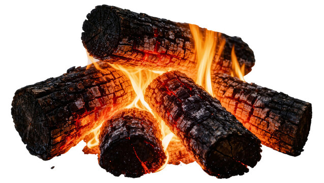 Burning logs with glowing embers and bright orange flames, isolated on transparent background