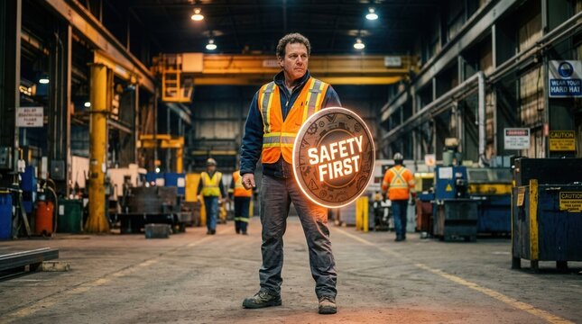 Industrial worker in safety vest holding a glowing 'Safety First' shield in a factory setting