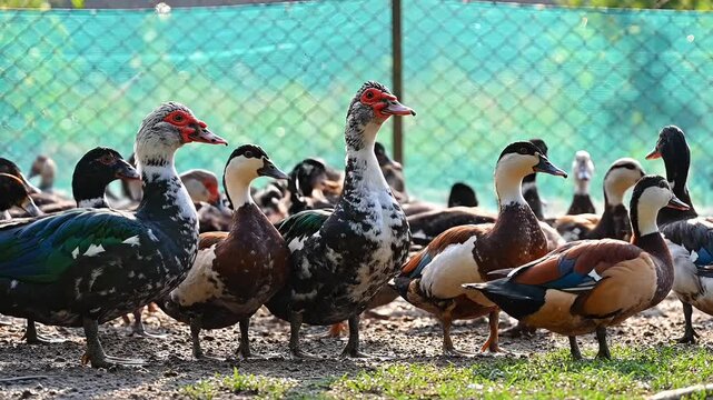 Muscovy ducks and mallards standing in a farm enclosure, diverse flock of domestic waterfowl with colorful feathers on a rural poultry farm, group of ducks in a fenced outdoor habitat