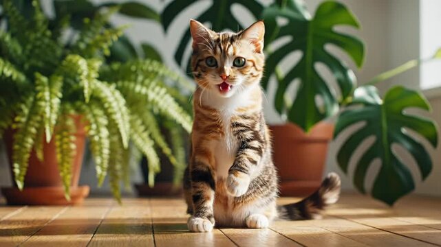 Cute kitten stands on its hind legs surrounded by vibrant green plants on a wooden floor, playful feline indoors
