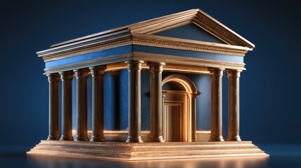 Obraz premium Detailed 3D Model of a Classic Greek Temple with Colonnades and Intricate Design in Gold and Blue Tones