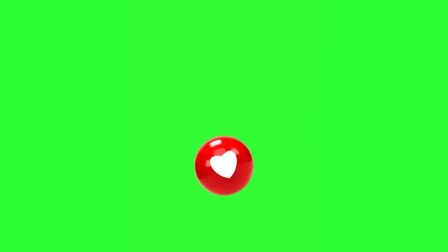 Glossy red heart bubbles with white heart icons appearing and floating across a bright green screen background. 
