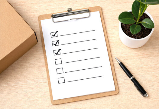 Checklist on clipboard with pen and small potted plant nearby