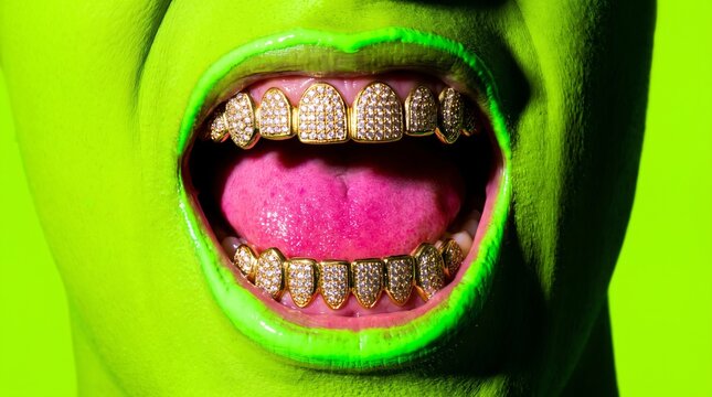 Person displaying diamond grills, neon green face paint, bold maximalist style