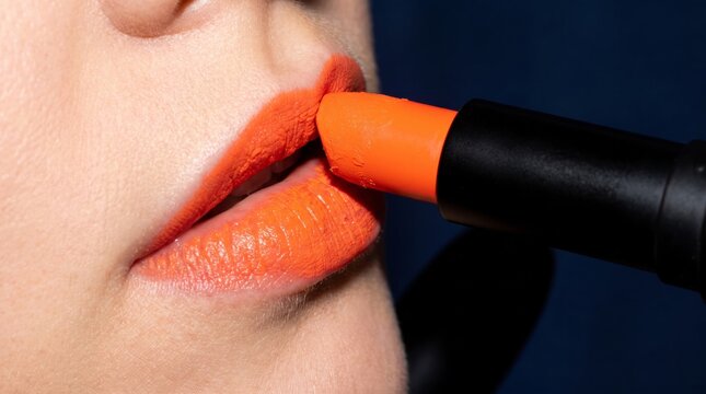 Woman applying vibrant orange lipstick for bold makeup look