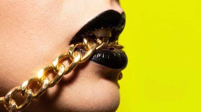 Bold beauty statement with golden chain accessory against vibrant yellow backdrop