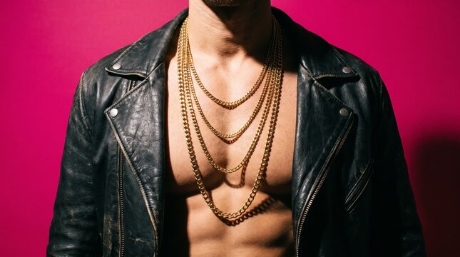 Man wearing black leather jacket, gold chains against vibrant pink backdrop