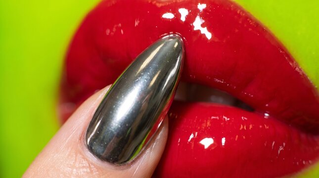 Metallic chrome nail polish against vibrant red lips, acid pop aesthetic