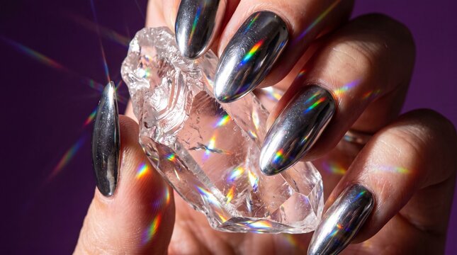 Hand holding crystal prism showing iridescent chrome nails against purple backdrop