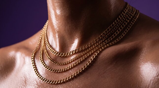 Person wearing multiple gold chain necklaces against purple background