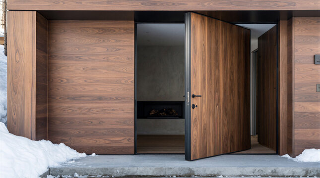 Modern exterior featuring 3000mm by 1500mm solid walnut door pivoting on 50mm diameter concealed floor mount