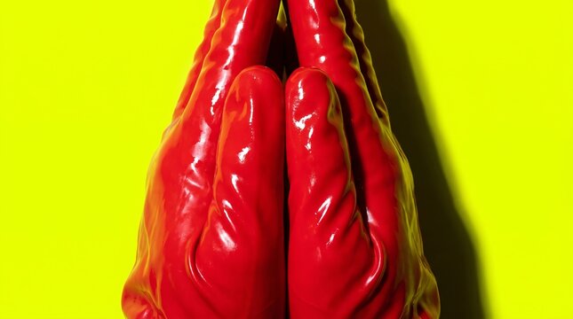 Glossy red peppers suspended against vibrant yellow backdrop