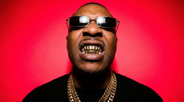 Man wearing gold teeth grills, sunglasses, chain necklace against vibrant red background