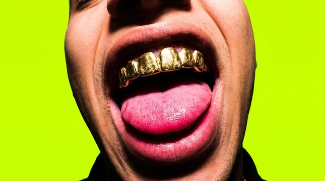 Person wearing gold teeth grills sticking out pink tongue against neon yellow background