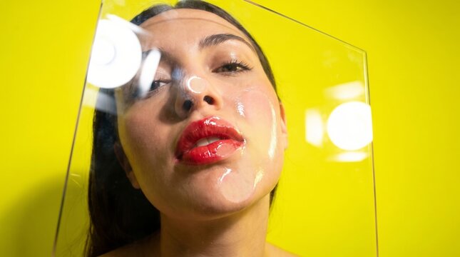 Woman with red lips against bright yellow backdrop, pop art style