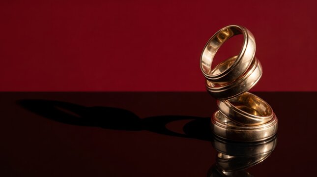 Gold wedding rings stacked on red background with dramatic shadow