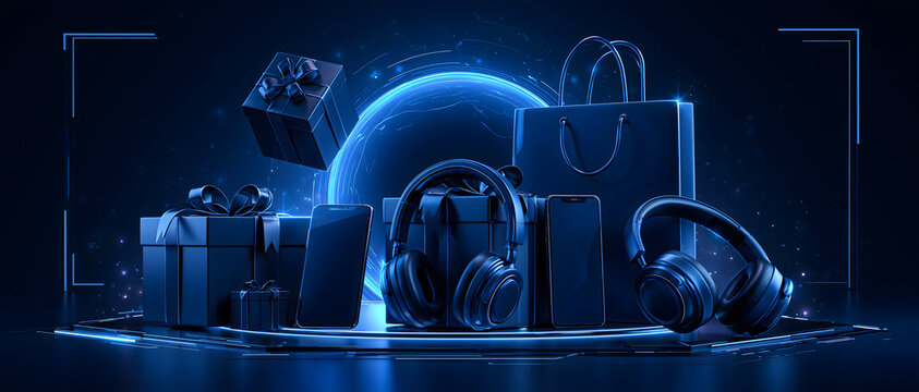 Cosmic space theme artwork of floating gift box, shopping bag, headphones, and smartphone for Cyber Monday sale header illustration.