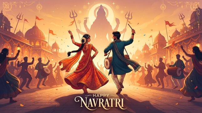 Vibrant festive poster of a Navratri celebration seen from behind