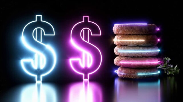 Two vibrant neon dollar signs glow brightly, casting an ethereal light on a stack of appetizing cookies. ..Created with Generative AI, not depicting real subjects.
