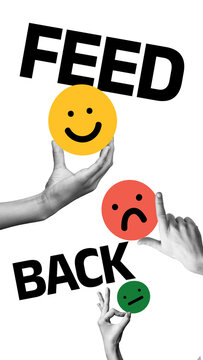 Hands holding smiley and sad faces with the word feedback displayed prominently