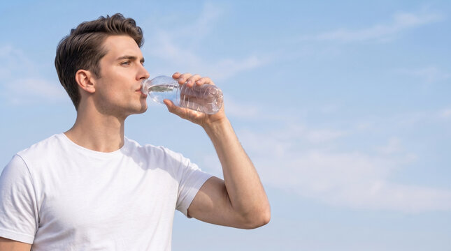 young caucasian man drinking fresh bottled water outdoors on left side of frame with large clear blue sky copyspace for commercial advertising content