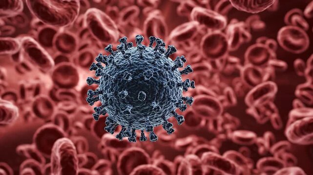 Microscopic enlargement of blue virus among red Blood cells in Artery - floating cells in body -covid, influenza, sars, corona, hiv, mers, cholera, variola, measles - disease organisms