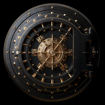 Secure vault mechanism artwork of circular bank door with locking bolts and spoke wheel for cyber security illustration.